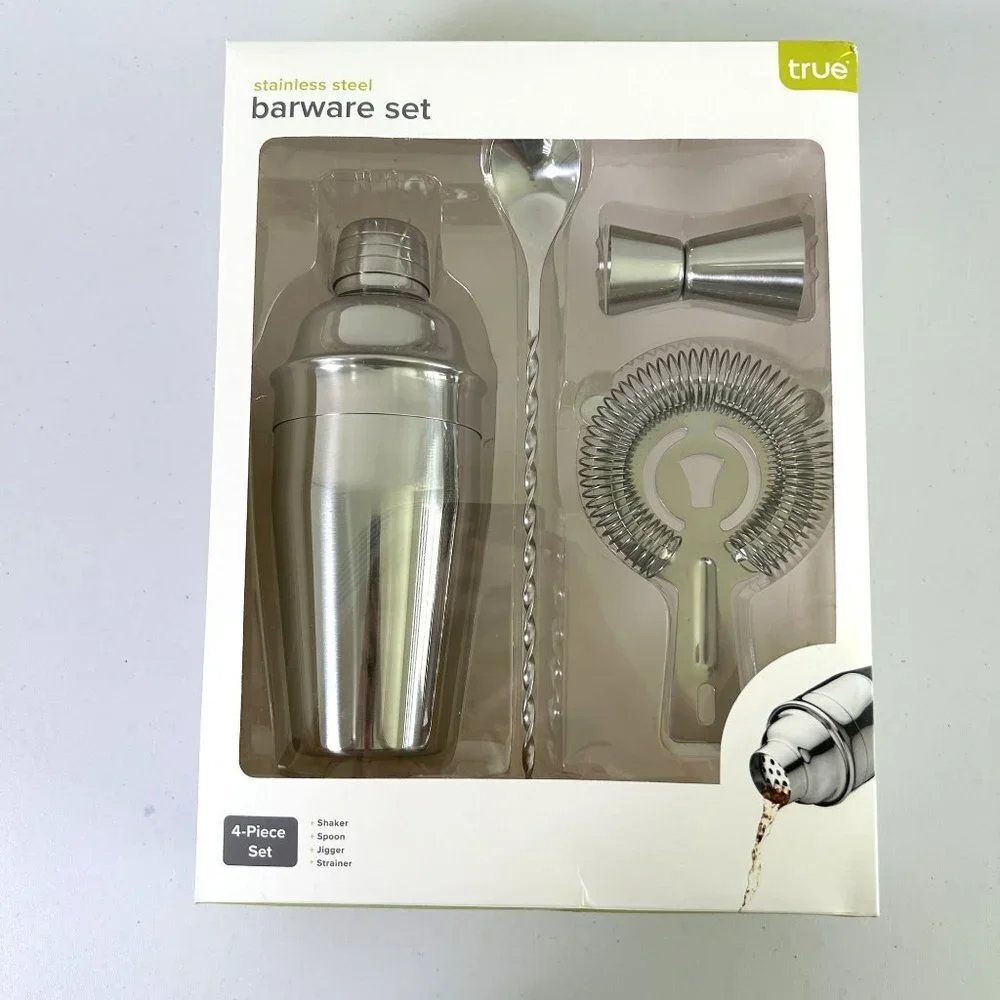 True Barware Cocktail Set Stainless Steel 4 Piece Set Shaker Jigger Strainer NIB